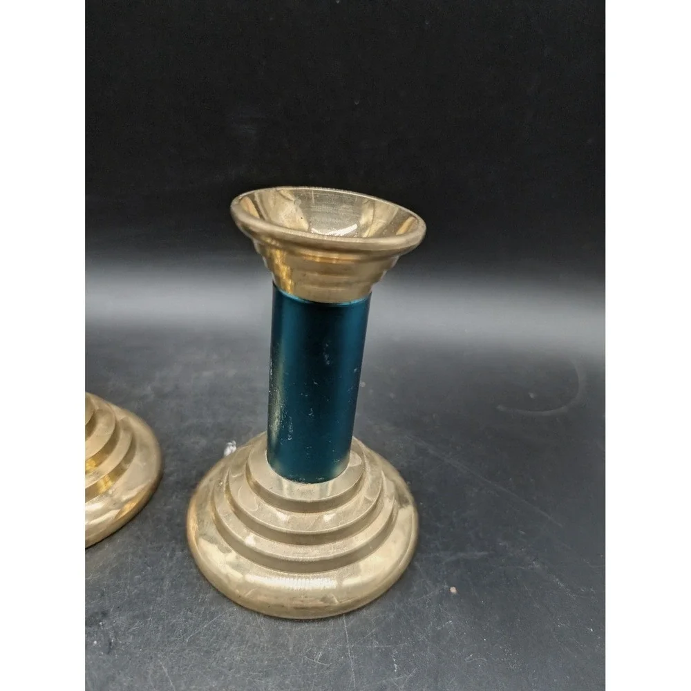 Vintage Brass Candlestick Holders Set of 2‎ Teal Blue Enamel Gold Tone 3